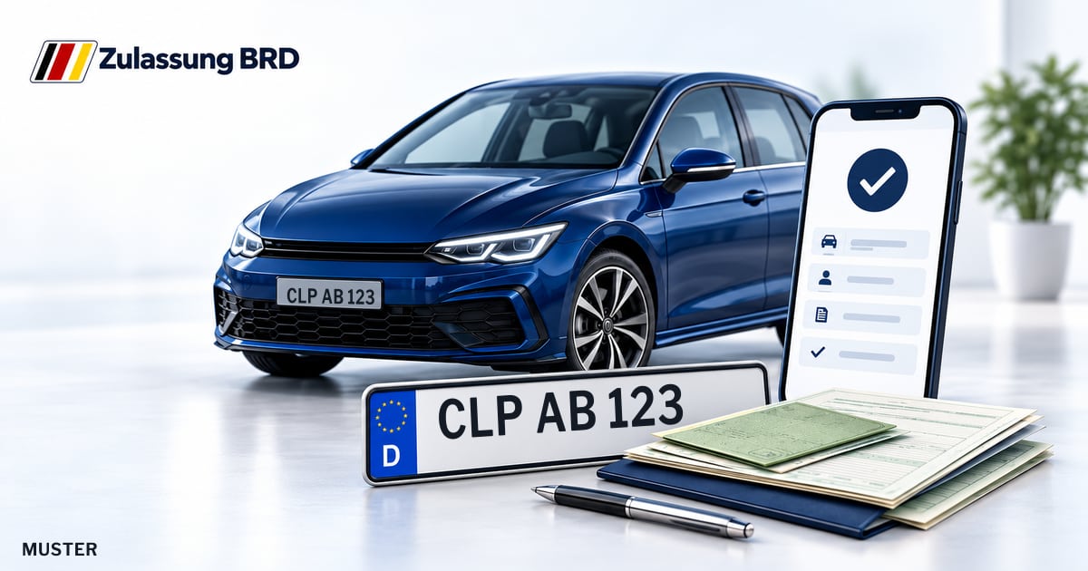 Online Fahrzeugzulassung in Cloppenburg: Musterkennzeichen CLP AB 123, Auto und Fahrzeugpapiere und Smartphone. Illustration mit Logo von Zulassung BRD.
